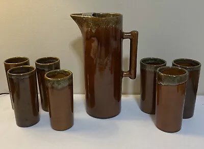 Buy Anna Van Briggle Pottery Set Pitcher 11.25” & 7 Tumblers 6”in Brown Glaze MCM • 143.88£