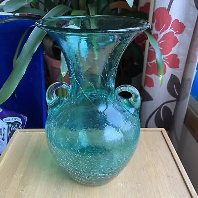 Buy BLENKO C488L Glass Sea Green Crackle Large Handmade Vase Urn Handles 12” RARE • 473.24£