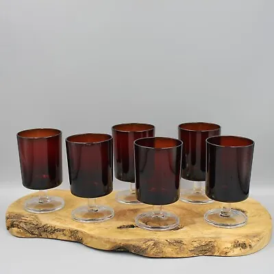Buy Vintage Arcoroc France Ruby Red Clear Footed Glassware - Set Of 6 • 33.01£