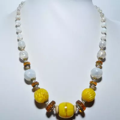 Buy Vintage Art Deco Bright Yellow Opalescent Crackle Glass Bead Filigree Necklace • 14.99£