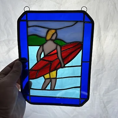 Buy Vintage Surfer Ocean Sea Surfing Scene Stained Leaded Glass Art Window Hanging • 42.79£