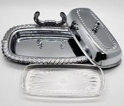 Buy Vtg 3 Pc Ironware Silver Chrome & Glass Butter Dish W/ Knife Holder Made In USA • 18.85£