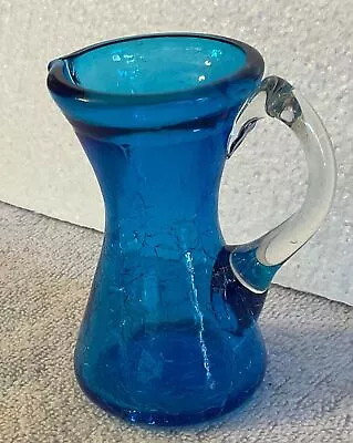 Buy Vintage CRACKLE Glass Mini Pitcher Vase Deep Blue 3.75” Hand Blown Clear Handle • 9.58£