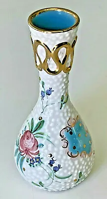 Buy Vintage  Vase Italian Floral Multi Color Gold Embellishment Aqua Interior • 7.57£