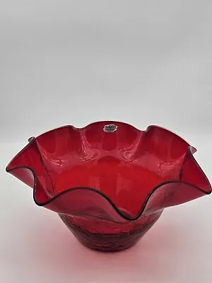 Buy  VTG BLENKO 3744 Ruby Red Hand Blown Ruffled Crackle Glass Bowl 10  C.1974 • 42.20£
