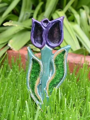 Buy Hand Made Purple Tulip Flower Ceramic Glass Frost Proof Garden Indoor Ornament • 20£