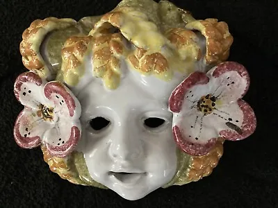 Buy Sicilian Italian Majolica Art Pottery Cherub Flowers Face Mask Wall Hanging VTG. • 59.77£