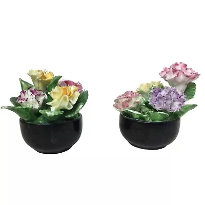 Buy Two Coalport Bone China Flowers/Mini Black Cauldron Flower Pots England AD1750 • 73.02£