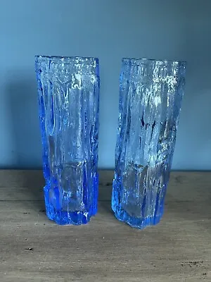 Buy Pair Ravenhead Retro Blue Glass Vases Whitefriars Style Ice Bark • 12£