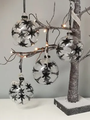 Buy 4 Glass Baubles Christmas Tree Decoration Clear Black Glitter Starburst 8cm • 8.90£