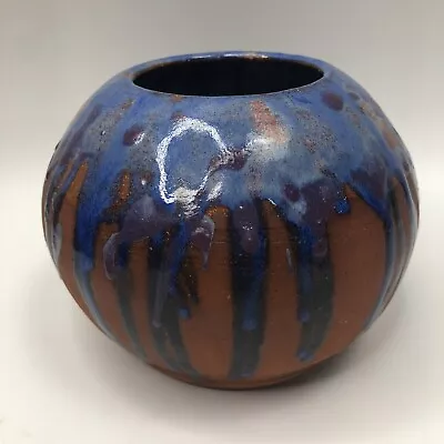 Buy Blue Art Pottery Vase Drip Glaze Vintage Signed By Artist Bowman 1992 Pot Plant • 10.86£