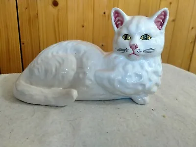 Buy White Hand Painted Ceramic Cat, Length 20cm Made In Portugal • 9.99£