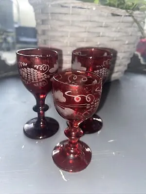 Buy Antique 19th Century Bohemian Ruby Red Etched Small Liqueur Glass X 3 • 32£