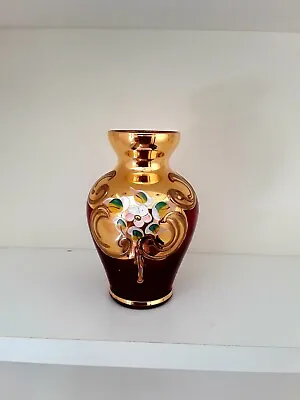 Buy Vintage Czech Bohemian Glass Gold Gilt Floral Detailed Vase  • 9.99£
