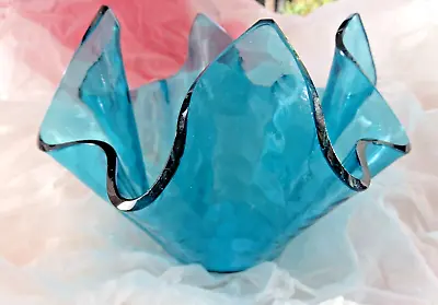 Buy Chance Pilkington Handkerchief Vase 4  Turquoise Blue Hammered Glass V.g.c • 14.85£