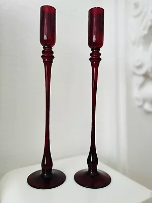 Buy Pair Of Vintage Red Glass Tall Candlesticks 30.5cm • 20£