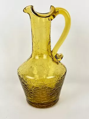 Buy Vintage Yellow Gold Crackle Glass 5 1/4  Tall Pitcher Vase Applied Handle • 14.13£