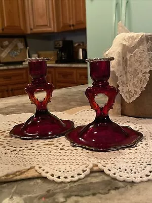 Buy Vtg Keyhole Red Glass Candlesticks Silver Trim Beaumont #115 Scalloped Pair • 33.20£