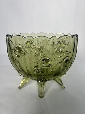 Buy Vtg FENTON  Colonial Cabbage Rose  4-1/2  Olive Green Glass 4-Footed Bowl Vase • 22.01£