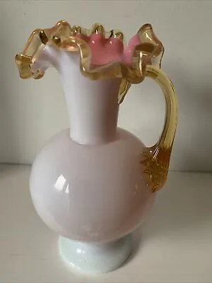 Buy Vintage Opalescent Milk Glass Jug Pink Ruffled - Amber Crest & Handle 18 Cm High • 21.99£