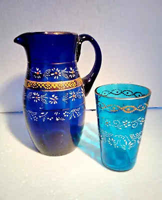 Buy Victorian Floral Glass Enameled Blue Drinking Beaker And Jug C1880 • 1.99£