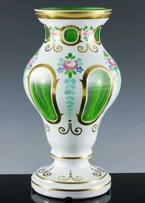 Buy Lovely Older Vintage Bohemian Cased White Cut To Green & Enameled Art Glass Vase • 6.74£