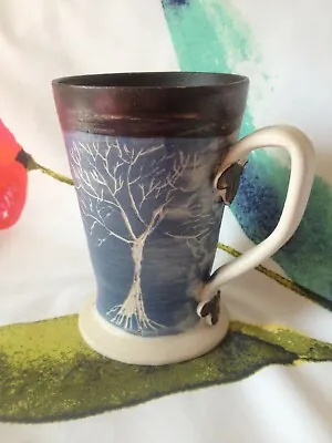 Buy Handmade Signed CSA Studio Pottery Mug Blue Glaze With Sgraffito Trees - 13cm • 4.95£