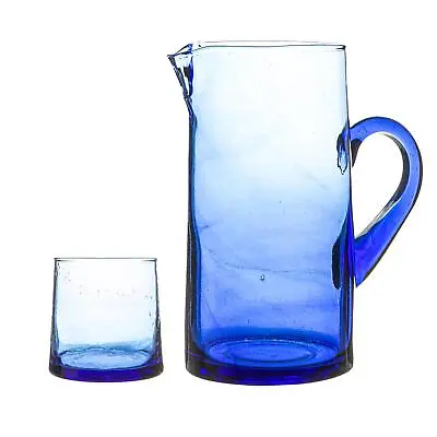 Buy 7 Piece Recycled Glassware Set  6 Glasses & 1 Water, Juice Jug - Blue • 24£