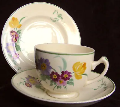 Buy Adderley Ware Trio - Handpainted? Flowers On Pale Yellow With Green Rim • 6.75£