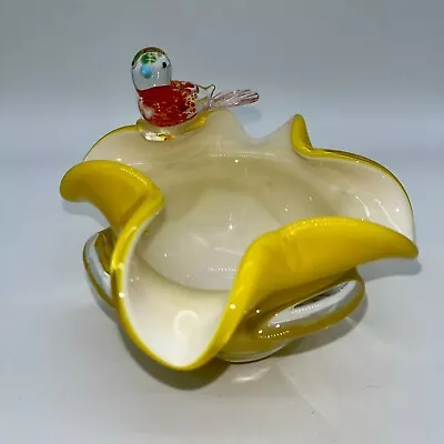 Buy Vintage Art Glass Yellow Bowl Applied Red Bird Figurine Handblown Paperweight • 27.96£