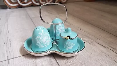 Buy Rare Vintage Midwinter Duck Egg Blue Design Cruet Set Tray, Spoon • 10£