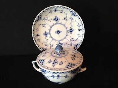Buy Royal Copenhagen Blue Fluted Half Lace Imperfect Cream Soup Bowl, Saucer, & Lid • 180.14£