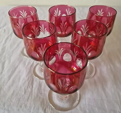 Buy Set Of 6 X Ruby Cranberry Bohemian Cut Glass Chunky Brandy Wine Spirit Glasses • 64.99£