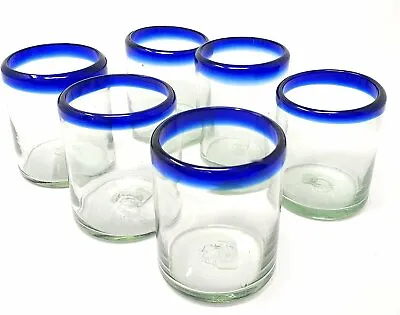 Buy Hand Blown Mexican Drinking Glasses – Set Of 6 Tumbler Glasses With Cobalt... • 45.51£