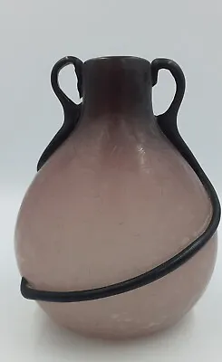 Buy Unusual Satin Crackle Glass Vase, Twin Handles, Purple Ribbon Trails 16cm • 34£