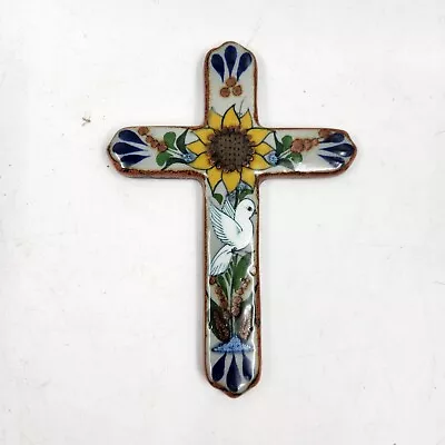Buy Glazed Talavera Cross With A Sunflower And Bird • 23.71£