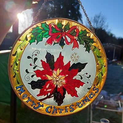 Buy Stained Glass Round Window Hanging Merry Christmas Poinsettia Bow Sun Catcher  • 20£