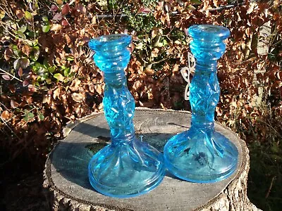 Buy Art Deco Pair Of Turquoise Blue Glass Candlesticks ~ Marked Rd 752847 • 25£