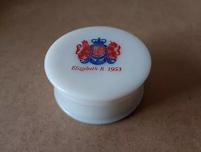 Buy Queen Elizabeth II Coronation 1953 Opaque White Milk Glass Lidded Trinket Pot  • 12£