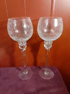 Buy Pair Of 14” Tall Crackle Clear Glass Wine Goblet Crystal Stemware Glasses • 28.28£