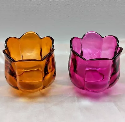 Buy Pair Of Vintage PRESSED GLASS TULIP Votives Orange And Hot Pink Flash • 9.47£