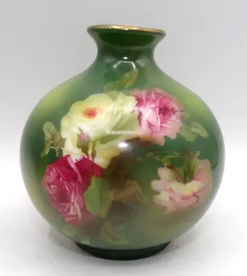 Buy Small Austrian Art Nouveau Bulbous Porcelain Vase Pink Roses & Gilding 4  • 35£