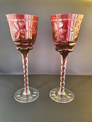 Buy 2 X Very Heavy Bohemian Ruby Crystal Wine Glasses Cut To Clear • 45£