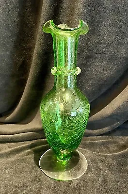 Buy Vintage Large Green Hand Blown Art Glass Crackle Vase Ruffled Rim 9” Tall • 9.41£