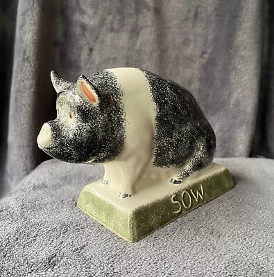 Buy Rye Pottery Saddleback Sow Pig Figurine Dark Grey/white, Green Base Hand Painted • 39£
