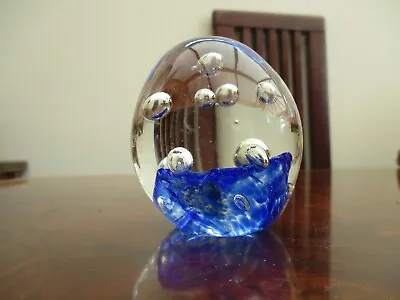 Buy Hand Blown Wonky  Glass Paperweight Blue Base & Scattered Bubbles Good Condition • 5.50£