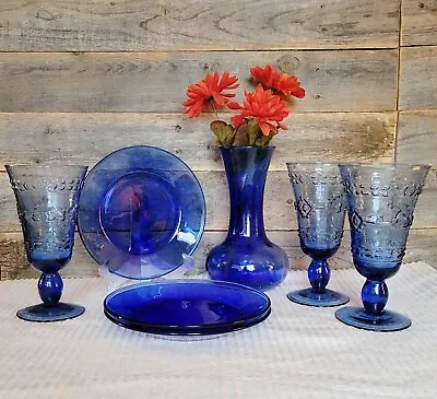 Buy Vintage 3 Sets 7 3/8  Decorative Cobalt Blue Dessert Plates, Glasses And Vase • 24.06£