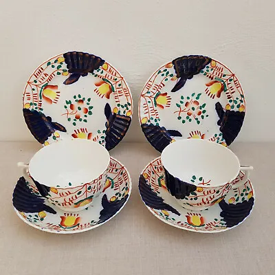 Buy Two Antique 19thC Gaudy Welsh Trios - Tulip Pattern - Tea Cups, Saucers & Plates • 14.95£