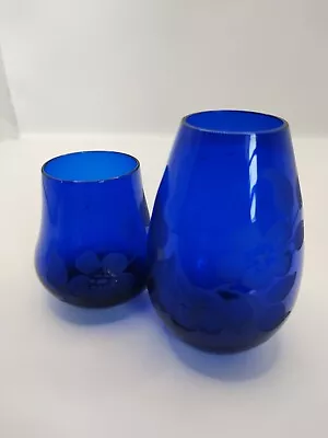 Buy Vintage  Art Glass  Cobalt Blue Etched Small Posy Vases .  • 12£