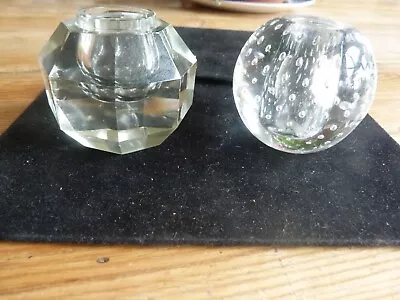 Buy 2 X Vintage Glass Candle Holders / Paperweight Bubble & Cut Glass Effect • 4£